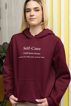 Load image into Gallery viewer, Stay stylish and comfortable with our women's relaxed fit hoodie featuring the empowering message 'Self Care - is how you take your power back.' This fashionable oversized hoodie offers a modern, relaxed fit that's perfect for everyday wear. Add a bold, positive vibe to your wardrobe!