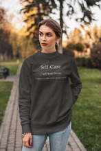 Load image into Gallery viewer, Stay cosy and confident in our women's relaxed fit sweatshirt featuring the empowering message 'Self Care - is how you take your power back.' This modern, fashionable, oversize sweatshirt combines comfort and style, perfect for those who love comfortable, trendy sweatshirts with a positive vibe.