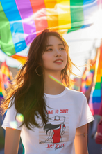 Load image into Gallery viewer, Shine bright in our women's t-shirt featuring the slogan 'Time to Shine - Relax Summertime.' This retro-inspired tee showcases an iconic graphic perfect for adding a nostalgic touch to your wardrobe. Embrace the classic vibe with this must-have piece.