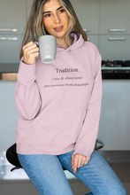 Load image into Gallery viewer, Explore our women's regular fit hoodie with the witty message 'Tradition - Peer Pressure from Dead People.' Perfect for casual street style, this high-quality hoodie from our premium women's collection adds a stylish, fashionable touch to your wardrobe. Ideal for those who love urban hoodie styles.