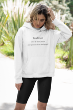 Load image into Gallery viewer, Explore our women's relaxed fit hoodie with the message 'Tradition - Peer Pressure from Dead People.' This stylish, oversized hoodie offers modern comfort and a playful touch, making it the perfect choice for a laid-back, yet fashion-forward look.