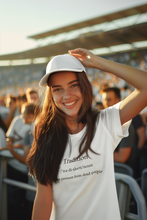 Load image into Gallery viewer, Explore our women's 100% organic cotton t-shirt with the witty message 'Tradition - Peer Pressure from Dead People.' This eco-friendly, premium sustainable tee combines humour with environmentally conscious style. Perfect for those seeking top-quality organic clothing that stands out.