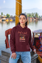Load image into Gallery viewer, Embrace the travel vibe with our 'Just a Girl Who Loves to Travel' hoodie. This cosy hoodie offers a relaxed fit, blending comfort with streetwear chic. Perfect for wanderers, this fashionable hoodie captures the essence of adventure, making it a staple for any traveler's wardrobe.
