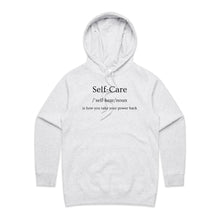 Load image into Gallery viewer, Elevate your street style with our women's regular fit hoodie, featuring the empowering message 'Self Care - is how you get your power back.' Combining chic design with ultimate comfort, this high-quality hoodie is a must-have for your collection. Perfect for effortless, urban-inspired looks!