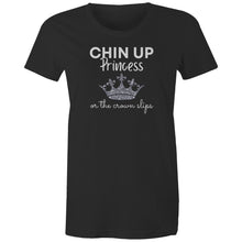 Load image into Gallery viewer, Discover the perfect blend of style and sustainability with our organic t-shirt featuring the empowering slogan 'Chin Up Princess, or the Crown Slips'. Crafted from eco-friendly materials, this shirt is designed to inspire confidence and grace, while offering comfort and durability.