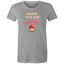Load image into Gallery viewer, Empower your wardrobe with our women's t-shirt featuring the inspiring message 'Create Your Own Magic.' This high-quality, inspirational graphic t-shirt is perfect for those who love positive quotes and want to spread positivity. Make a statement with this must-have, empowering quote t-shirt.