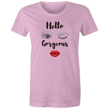 Load image into Gallery viewer, Step into iconic retro style with our 'Hello Gorgeous' women's graphic t-shirt. This retro-inspired tee adds a chic, playful touch to any wardrobe. Perfect for those who love bold, stylish graphic t-shirts with a timeless flair.