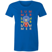 Load image into Gallery viewer, Celebrate the season with our women's retro t-shirt featuring a vibrant 'Summertime' slogan and graphic. This iconic retro wear piece is perfect for adding a nostalgic touch to your wardrobe. Ideal for fans of retro-inspired fashion, our t-shirt blends style and comfort effortlessly.