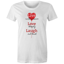 Load image into Gallery viewer, Spread positive vibes with our women's 'Live, Love, Laugh' t-shirt. Featuring an empowering quote, this affirmation tee combines style with an uplifting message. Perfect for those who love motivational t-shirts with inspirational slogans that inspire joy and positivity.