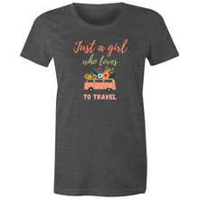 Load image into Gallery viewer, Embrace your wanderlust with this retro-inspired 'Just a Girl Who Loves to Travel' graphic t-shirt, designed for adventurous souls. Whether you're jet-setting to a new destination or dreaming of your next journey, this iconic design adds a timeless touch to your wardrobe. A must-have women's tee for travel lovers!