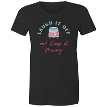 Load image into Gallery viewer, Boost your spirits with our women's message t-shirt featuring 'Laugh it Off and Keep it Moving.' This empowering quote tee is designed to inspire with its motivational message and positive quote. Ideal for anyone who loves inspirational graphic t-shirts with uplifting slogans. Embrace positivity today!