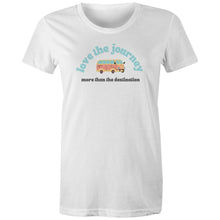 Load image into Gallery viewer, Embrace positivity with our 'Love the Journey, More Than the Destination' women's affirmation t-shirt. Featuring an empowering quote, this motivational tee spreads an inspirational message of self-love and growth. Perfect for those who wear uplifting slogans and positive quotes daily.