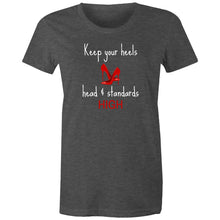 Load image into Gallery viewer, Elevate your wardrobe with our women's affirmation t-shirt featuring the empowering quote, 'Keep Your Heels, Head, and Standards High.' This inspirational message tee is perfect for spreading positivity and confidence. Shop now for stylish, positive message apparel that motivates and empowers!