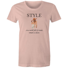Load image into Gallery viewer, Stand out with our women's t-shirt featuring the message: 'In a World Full of Trends, Remain a Classic.' This empowering quote shirt delivers an inspirational message for timeless style. Perfect for those who value positive quotes and uplifting slogans, our women's empowerment tees inspire confidence and individuality.