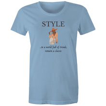 Load image into Gallery viewer, Stand out with our women's t-shirt featuring the message: 'In a World Full of Trends, Remain a Classic.' This empowering quote shirt delivers an inspirational message for timeless style. Perfect for those who value positive quotes and uplifting slogans, our women's empowerment tees inspire confidence and individuality.