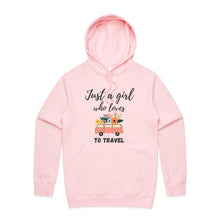 Load image into Gallery viewer, Embrace the travel vibe with our 'Just a Girl Who Loves to Travel' hoodie. This cosy hoodie offers a relaxed fit, blending comfort with streetwear chic. Perfect for wanderers, this fashionable hoodie captures the essence of adventure, making it a staple for any traveler's wardrobe.