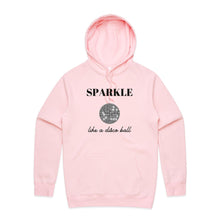 Load image into Gallery viewer, Shine in style with our women's hoodie featuring the slogan 'Sparkle Like a Disco Ball.' This fashionable, oversized hoodie offers a modern, relaxed fit perfect for any occasion. Elevate your casual wardrobe with this must-have piece, ideal for those who love trendy, oversize women's hoodies.