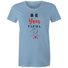 Load image into Gallery viewer, Discover the power of self-love with our 'Be-You-tiful' women's t-shirt, featuring an inspirational message that encourages you to embrace your true self. This shirt is a celebration of individuality and self-acceptance, perfect for anyone looking to remind the world that beauty shines brightest when you're simply you.