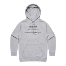 Load image into Gallery viewer, Explore our women's regular fit hoodie with the witty message 'Tradition - Peer Pressure from Dead People.' Perfect for casual street style, this high-quality hoodie from our premium women's collection adds a stylish, fashionable touch to your wardrobe. Ideal for those who love urban hoodie styles.