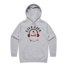 Load image into Gallery viewer, Discover our 'Live Life Loud' women's regular fit hoodie, blending casual street style with chic, designer appeal. Crafted from high-quality materials, this fashionable hoodie is part of our premium women's hoodie collection, offering the latest in urban hoodie style for bold, confident looks.
