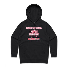 Load image into Gallery viewer, Discover our Women's Regular Fit Hoodie with the fun message, 'I Don't Get Drunk, I Just Get Less Classy and More Fun.' This high-quality, fashionable hoodie is part of our premium women's hoodie collection. Perfect for casual street style and urban looks, it’s exclusive, stylish, and effortlessly cool.