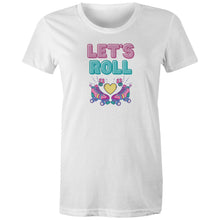 Load image into Gallery viewer, Step back in time with our women's retro t-shirt emblazoned with the iconic slogan 'Let's Roll.' Perfect for fans of throwback fashion, this 80's inspired tee features a retro graphic design, making it a standout addition to any collection of the best retro t-shirts.