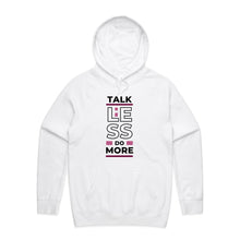 Load image into Gallery viewer, Stay cosy and stylish in our women's relaxed fit hoodie featuring the motivational message, "Talk Less, Do More." This modern, oversized hoodie combines fashion and function, offering a comfortable fit perfect for those who love fashionable, oversized women's hoodies.