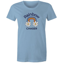 Load image into Gallery viewer, Chase your dreams in style with our 'Rainbow Chaser' women's retro t-shirt. Featuring an iconic retro graphic, this vintage-inspired tee brings vibrant colours and a nostalgic vibe. Perfect for retro clothing lovers, it’s the best choice for those seeking standout, throwback fashion.
