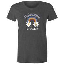Load image into Gallery viewer, Chase your dreams in style with our 'Rainbow Chaser' women's retro t-shirt. Featuring an iconic retro graphic, this vintage-inspired tee brings vibrant colours and a nostalgic vibe. Perfect for retro clothing lovers, it’s the best choice for those seeking standout, throwback fashion.