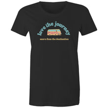Load image into Gallery viewer, Embrace positivity with our 'Love the Journey, More Than the Destination' women's affirmation t-shirt. Featuring an empowering quote, this motivational tee spreads an inspirational message of self-love and growth. Perfect for those who wear uplifting slogans and positive quotes daily.