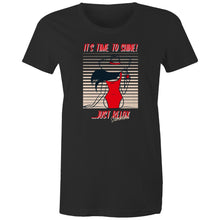 Load image into Gallery viewer, Shine bright in our women's t-shirt featuring the slogan 'Time to Shine - Relax Summertime.' This retro-inspired tee showcases an iconic graphic perfect for adding a nostalgic touch to your wardrobe. Embrace the classic vibe with this must-have piece.