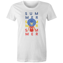 Load image into Gallery viewer, Embrace eco-friendly fashion with our women's 100% organic cotton t-shirt featuring the vibrant 'Summertime' slogan and graphic. This top-quality, premium sustainable piece is perfect for the environmentally conscious. Enjoy comfort and style with the best in organic, eco-friendly clothing.