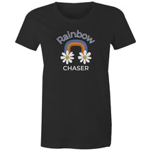 Load image into Gallery viewer, Chase your dreams in style with our 'Rainbow Chaser' women's retro t-shirt. Featuring an iconic retro graphic, this vintage-inspired tee brings vibrant colours and a nostalgic vibe. Perfect for retro clothing lovers, it’s the best choice for those seeking standout, throwback fashion.