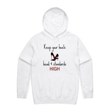 Load image into Gallery viewer, Stay stylish and empowered with our fashionable oversized women's hoodie featuring the inspiring message 'Keep your heels, head, and standards high.' This modern, relaxed-fit hoodie combines comfort with a bold statement, perfect for adding a chic touch to your everyday wardrobe.