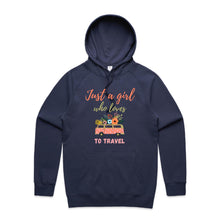 Load image into Gallery viewer, Embrace the travel vibe with our 'Just a Girl Who Loves to Travel' hoodie. This cosy hoodie offers a relaxed fit, blending comfort with streetwear chic. Perfect for wanderers, this fashionable hoodie captures the essence of adventure, making it a staple for any traveler's wardrobe.