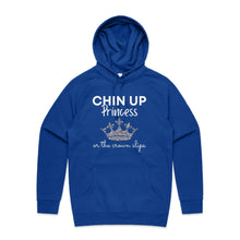 Load image into Gallery viewer, Discover our relaxed fit hoodie with the empowering slogan 'Chin Up Princess, or the Crown Slips.' Perfect for those who love fashionable oversized hoodies, this hoodie blends comfort with style. Elevate your streetwear with this must-have hoodie designed for confidence.