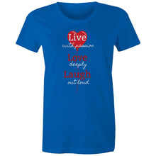 Load image into Gallery viewer, Spread positive vibes with our women's 'Live, Love, Laugh' t-shirt. Featuring an empowering quote, this affirmation tee combines style with an uplifting message. Perfect for those who love motivational t-shirts with inspirational slogans that inspire joy and positivity.