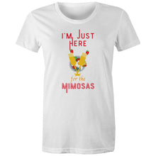 Load image into Gallery viewer, Discover our women's 100% organic cotton t-shirt with the fun slogan 'I'm Just Here for the Mimosas.' Made from premium, eco-friendly materials, this sustainable tee offers comfort and style. Shop the best organic, sustainable fashion and feel good about your wardrobe choices!
