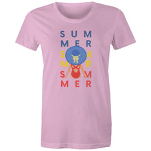 Load image into Gallery viewer, Celebrate the season with our women's retro t-shirt featuring a vibrant 'Summertime' slogan and graphic. This iconic retro wear piece is perfect for adding a nostalgic touch to your wardrobe. Ideal for fans of retro-inspired fashion, our t-shirt blends style and comfort effortlessly.