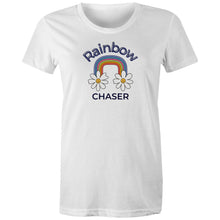 Load image into Gallery viewer, Embrace vibrant style with our 'Rainbow Chaser' women's t-shirt, crafted from 100% organic cotton. This eco-friendly, premium sustainable tee combines top-quality comfort with a bold slogan, making it the best choice for those seeking stylish and conscious organic clothing.