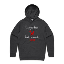 Load image into Gallery viewer, Stay stylish and empowered with our fashionable oversized women's hoodie featuring the inspiring message 'Keep your heels, head, and standards high.' This modern, relaxed-fit hoodie combines comfort with a bold statement, perfect for adding a chic touch to your everyday wardrobe.