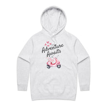 Load image into Gallery viewer, Step into your next adventure with confidence and style in our 'Adventure Awaits' women's pocket hoodie. Designed specifically for the adventurous woman, this hoodie combines the best of both worlds: a soft, cosy fabric that keeps you warm and comfortable on your travels, and spacious pockets for carrying essentials.