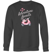 Load image into Gallery viewer, Stay cosy and stylish in our 'Adventure Awaits' unisex sweatshirt. Perfectly blending comfort and fashion, this modern oversized sweatshirt features a relaxed fit that complements any look. Ideal for streetwear lovers, it's the ultimate comfortable and fashionable addition to your wardrobe.