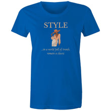Load image into Gallery viewer, Stand out with our women's t-shirt featuring the message: 'In a World Full of Trends, Remain a Classic.' This empowering quote shirt delivers an inspirational message for timeless style. Perfect for those who value positive quotes and uplifting slogans, our women's empowerment tees inspire confidence and individuality.