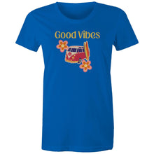 Load image into Gallery viewer, Embrace iconic retro wear with our 'Good Vibes' graphic t-shirt. Perfect for women who love a throwback style, this retro clothing staple combines timeless design with modern comfort. Elevate your wardrobe with a must-have women’s tee that spreads positivity in every outfit.