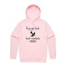 Load image into Gallery viewer, Stay stylish and empowered with our fashionable oversized women's hoodie featuring the inspiring message 'Keep your heels, head, and standards high.' This modern, relaxed-fit hoodie combines comfort with a bold statement, perfect for adding a chic touch to your everyday wardrobe.