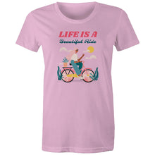 Load image into Gallery viewer, Discover our women's 'Life is a Beautiful Ride' T-shirt, featuring an empowering quote to inspire positivity. This affirmation tee blends style with an inspirational message, perfect for those seeking motivational T-shirts with uplifting, positive quotes. Wear your inspiration with pride!