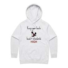 Load image into Gallery viewer, Elevate your style with our chic women's hoodie featuring the empowering slogan 'Keep your heels, head, and standards high.' This premium women's hoodie from our casual street style collection blends fashion and comfort, perfect for adding a touch of urban flair to your wardrobe.