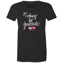 Load image into Gallery viewer, Discover our women's 100% organic cotton t-shirt featuring the uplifting slogan 'Nothing But Gratitude.' This eco-friendly, premium sustainable tee is perfect for the environmentally conscious fashionista. Embrace style and sustainability with top-quality organic cotton clothing that promotes positive vibes and gratitude.