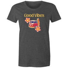 Load image into Gallery viewer, Embrace iconic retro wear with our 'Good Vibes' graphic t-shirt. Perfect for women who love a throwback style, this retro clothing staple combines timeless design with modern comfort. Elevate your wardrobe with a must-have women’s tee that spreads positivity in every outfit.